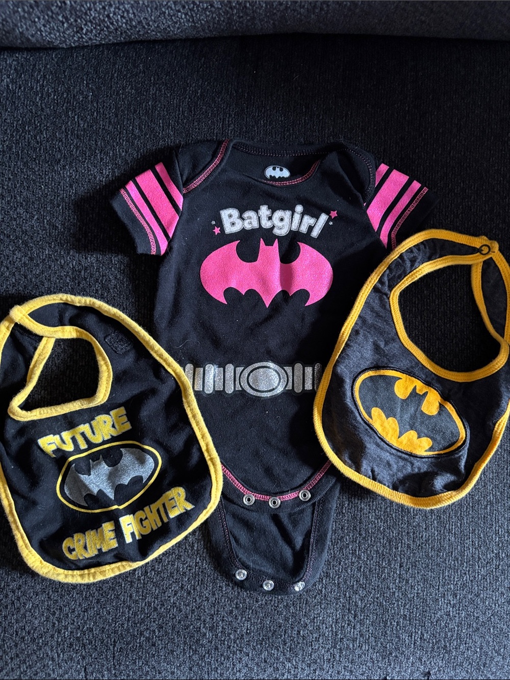 Batman Batgirl Black Pink Baby Bodysuit with Yellow-Trim Bibs